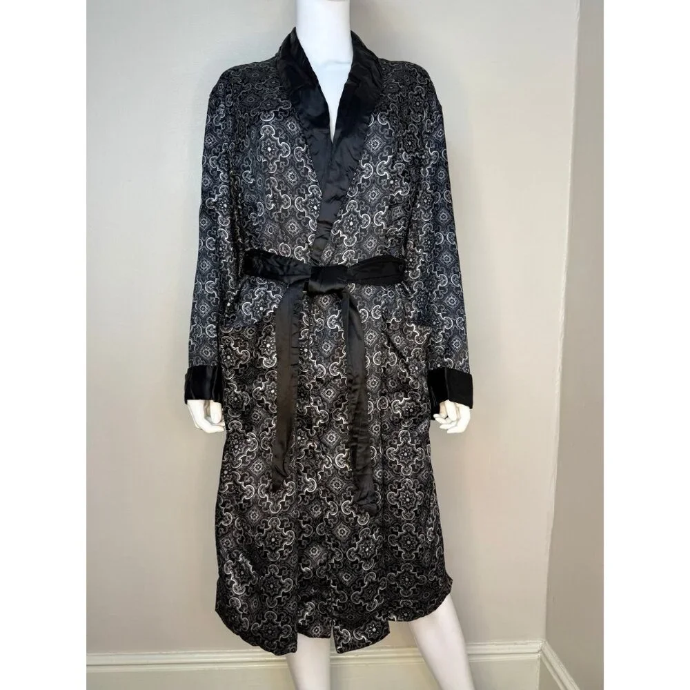 Vintage 1960s Men’s Black Medallion Print Robe Smoking Jacket, Sears Size Medium